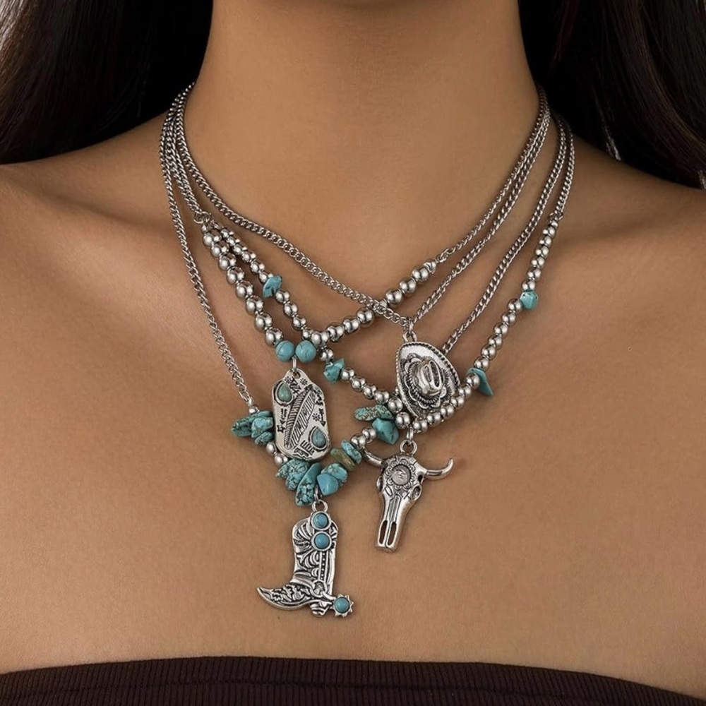 Silver and Turquoise Layered Necklace Set